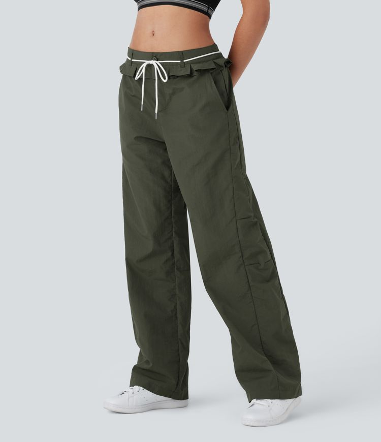 Pantalon large fluide taille basse avec cordon de serrage, bordure à volants et jambes amples avec poches