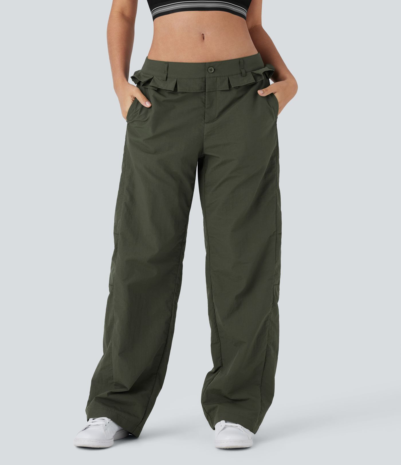 Pantalon large fluide taille basse avec cordon de serrage, bordure à volants et jambes amples avec poches