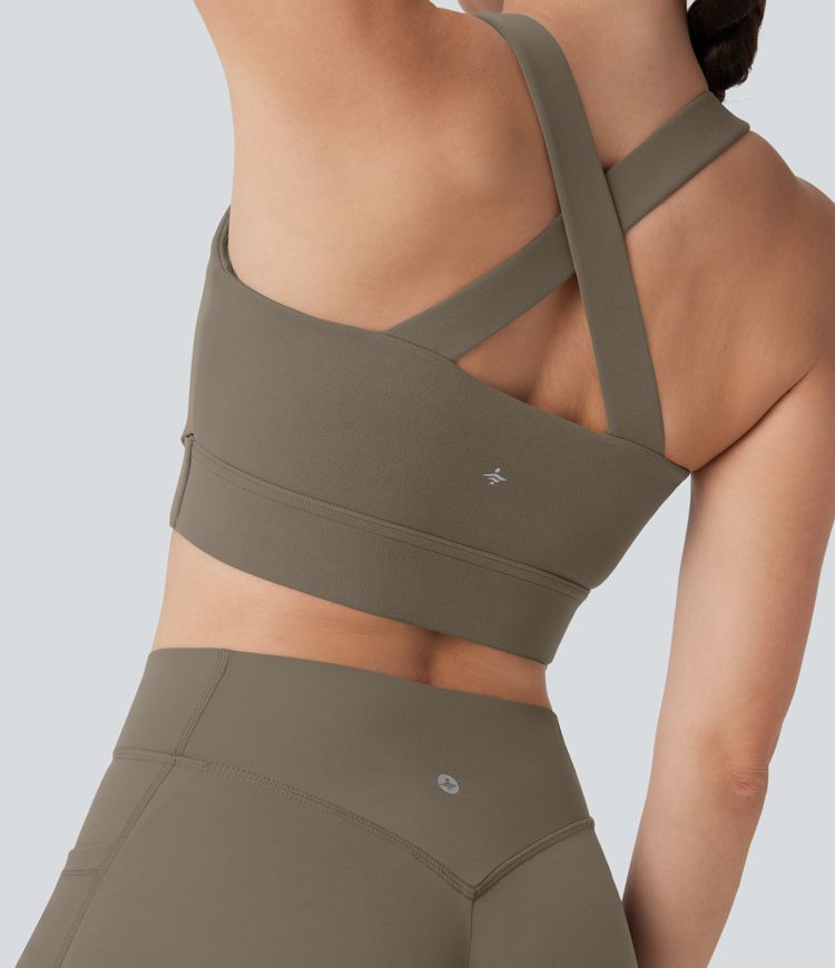 Sujetador deportivo push-up de sujeción media con espalda cruzada abierta para running