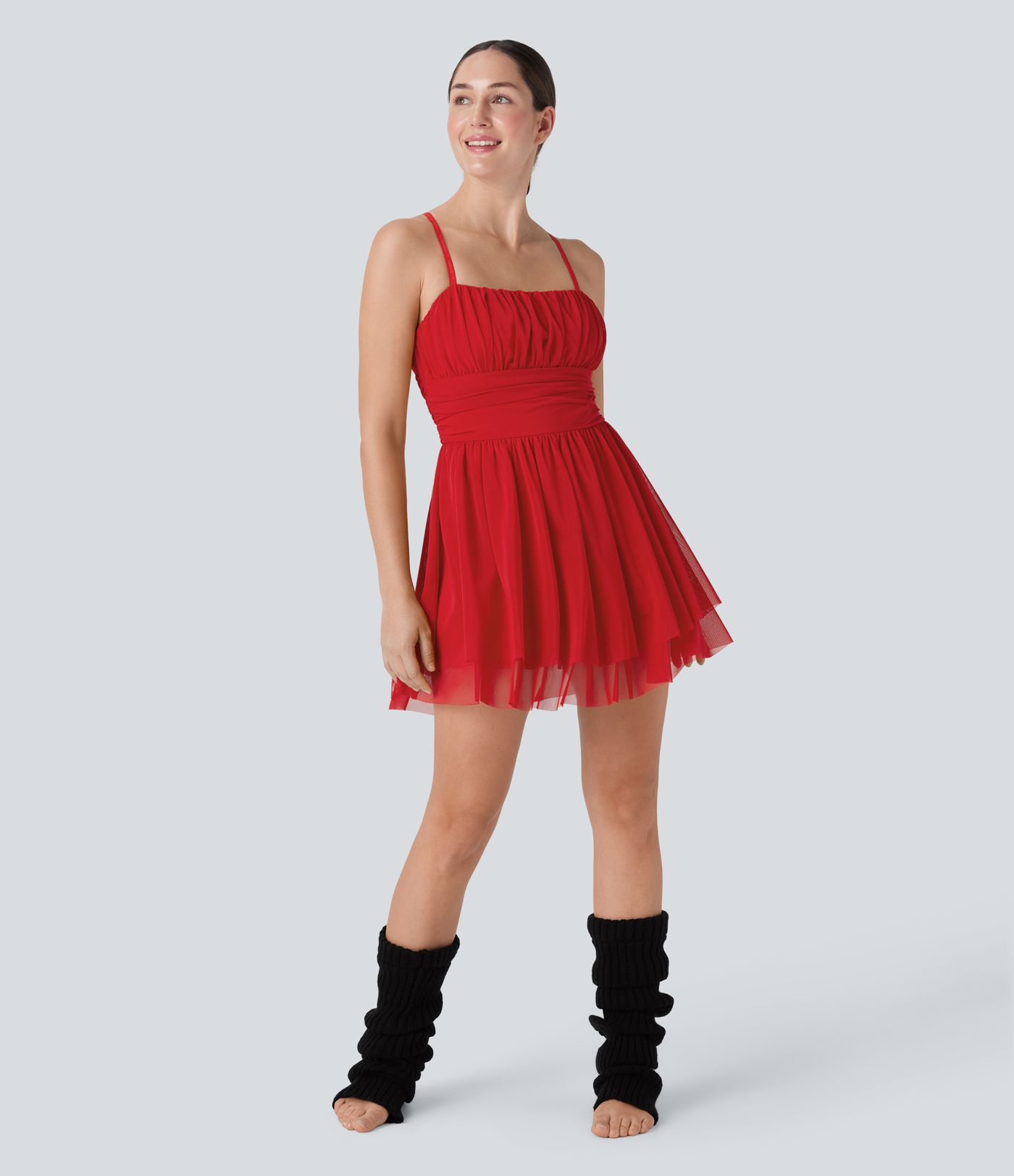 Ruched Tiered Mesh Overlay 2-in-1 Mini Dance Slip Active Dress with Pocket-Easy Peezy