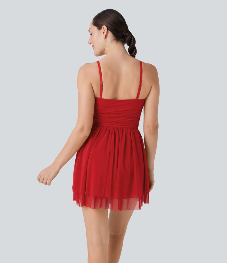Ruched Tiered Mesh Overlay 2-in-1 Mini Dance Slip Active Dress with Pocket-Easy Peezy