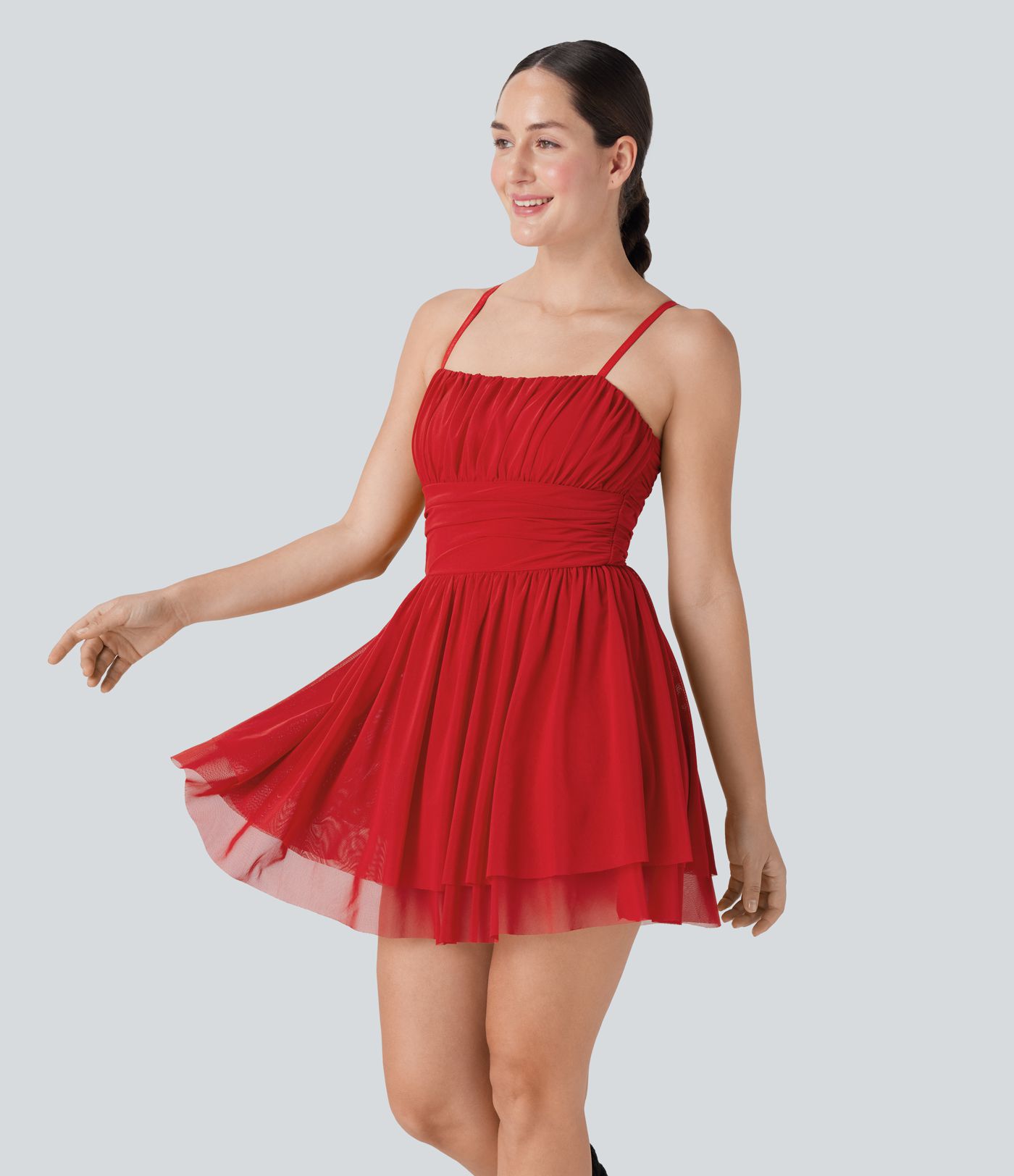 Ruched Tiered Mesh Overlay 2-in-1 Mini Dance Slip Active Dress with Pocket-Easy Peezy