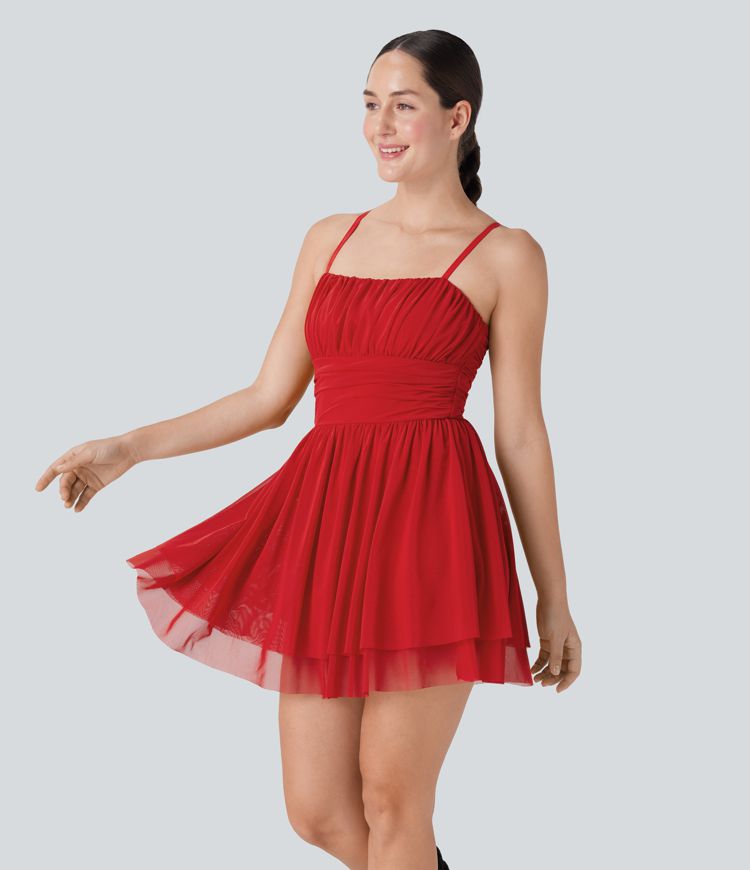 Ruched Tiered Mesh Overlay 2-in-1 Mini Dance Slip Active Dress with Pocket-Easy Peezy