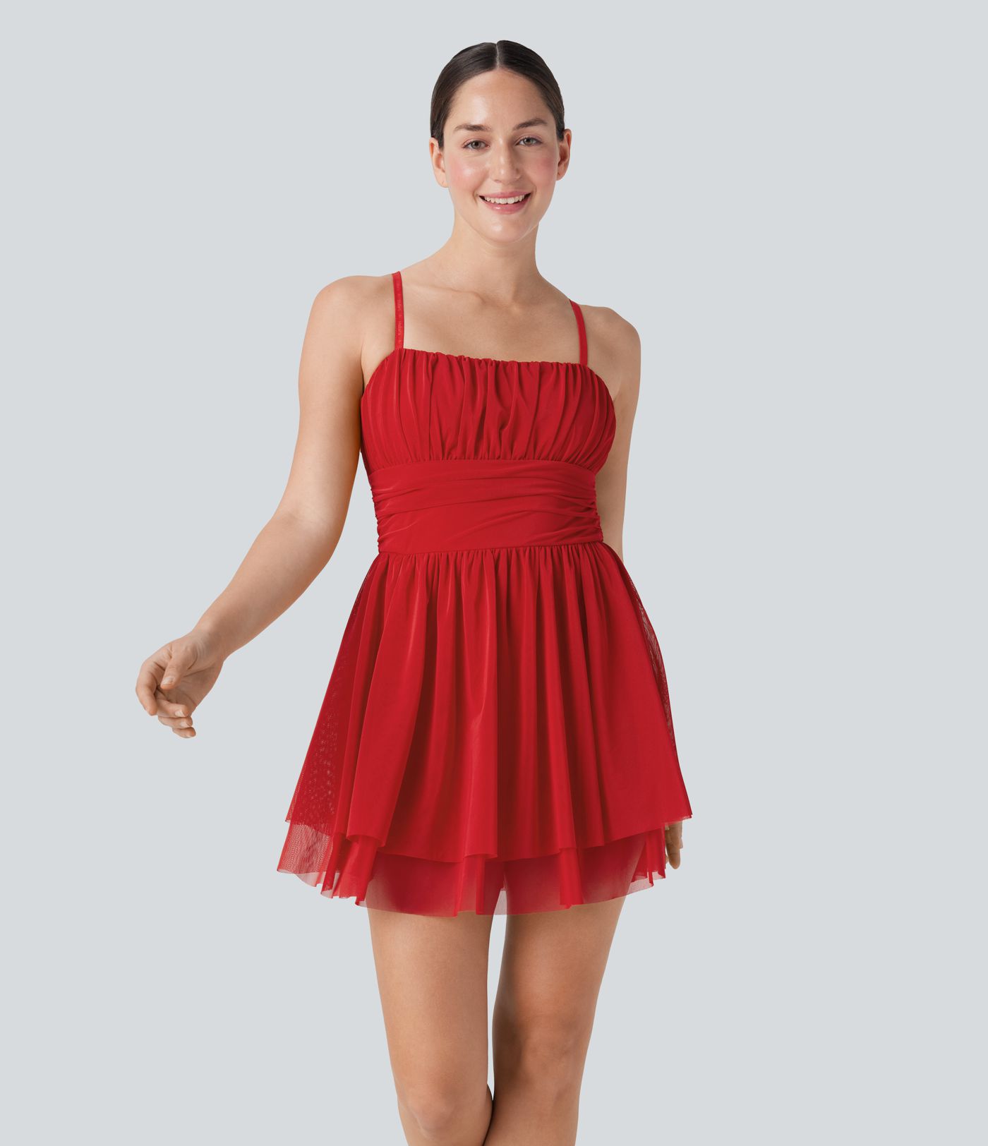 Ruched Tiered Mesh Overlay 2-in-1 Mini Dance Slip Active Dress with Pocket-Easy Peezy