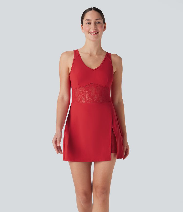 Softlyzero™ Airy Backless Contrast Lace Split 2-in-1 Cool Touch Tennis Active Dress with Pocket-UPF50+