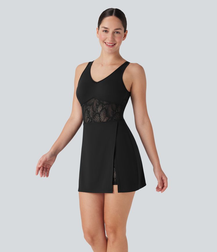 Robe de tennis active Softlyzero™ Airy avec dos nu, dentelle contrastée et fente 2-en-1 Cool Touch avec poche-UPF50+