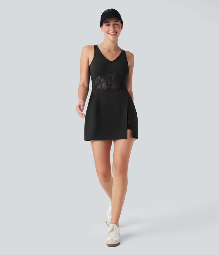 Robe de tennis active Softlyzero™ Airy avec dos nu, dentelle contrastée et fente 2-en-1 Cool Touch avec poche-UPF50+
