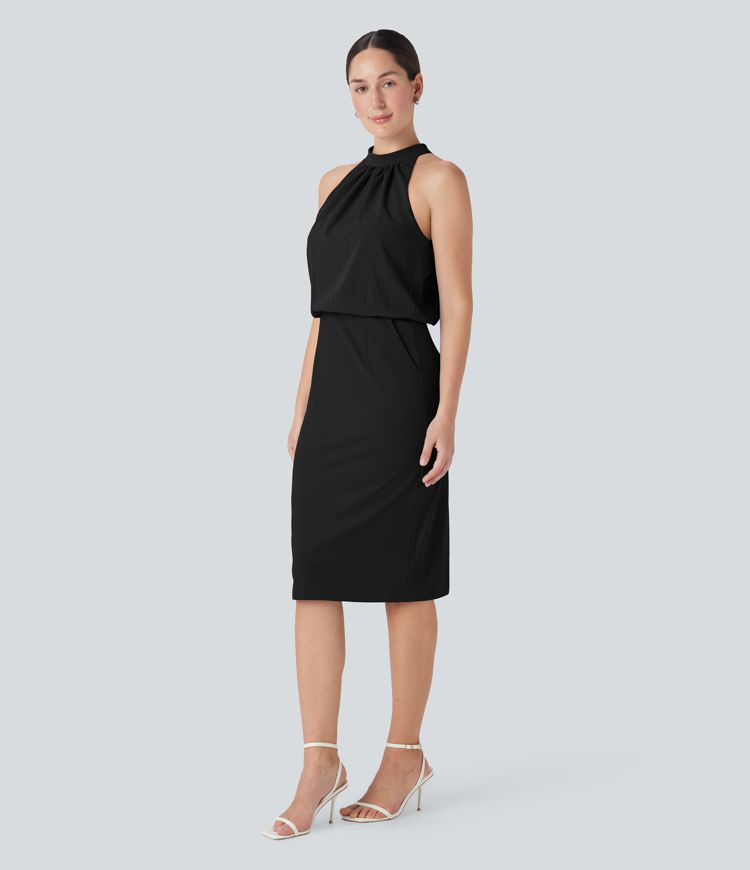 SoftlyZero™ Airy Halter Tie Back Cool Touch Midi Work Dress with Pockets-UPF50+