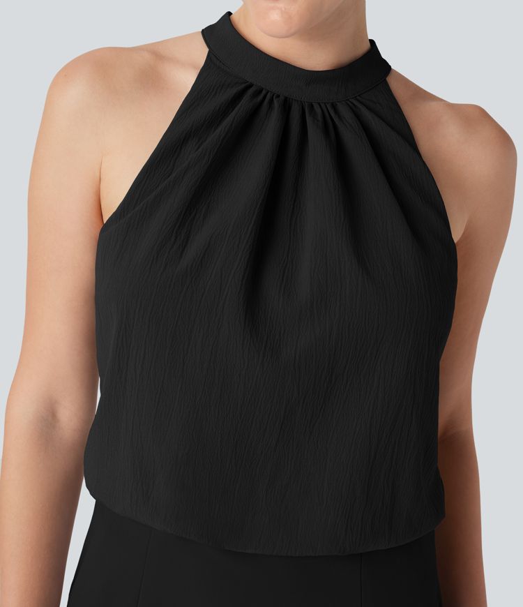 SoftlyZero™ Airy Halter Tie Back Cool Touch Midi Work Dress with Pockets-UPF50+