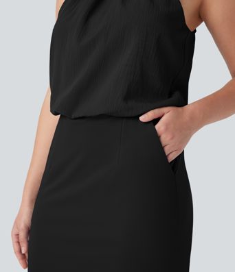 SoftlyZero™ Airy Halter Tie Back Cool Touch Midi Work Dress with Pockets-UPF50+