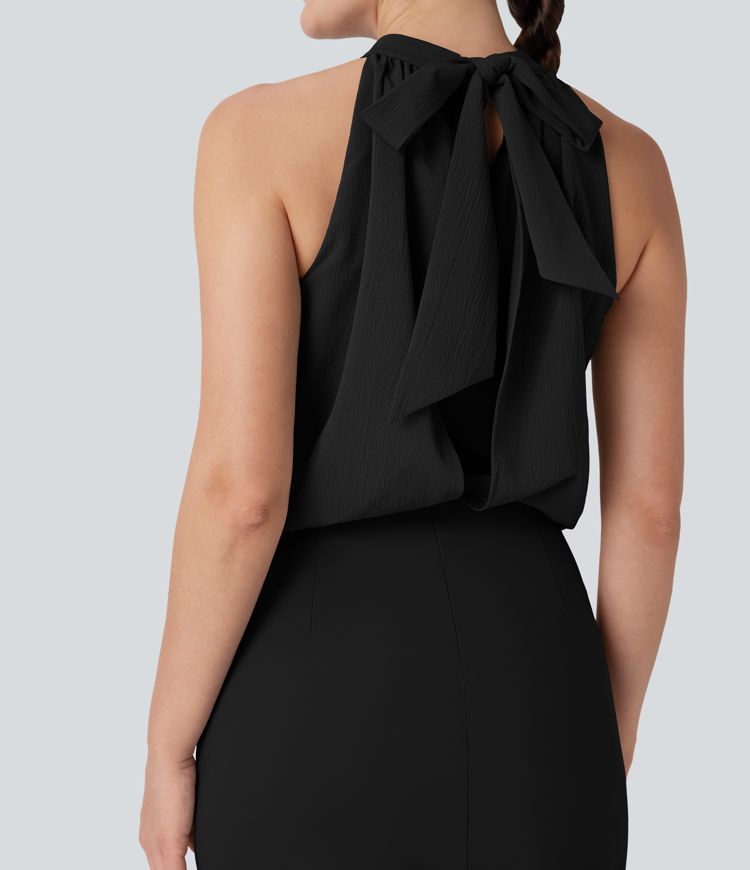SoftlyZero™ Airy Halter Tie Back Cool Touch Midi Work Dress with Pockets-UPF50+