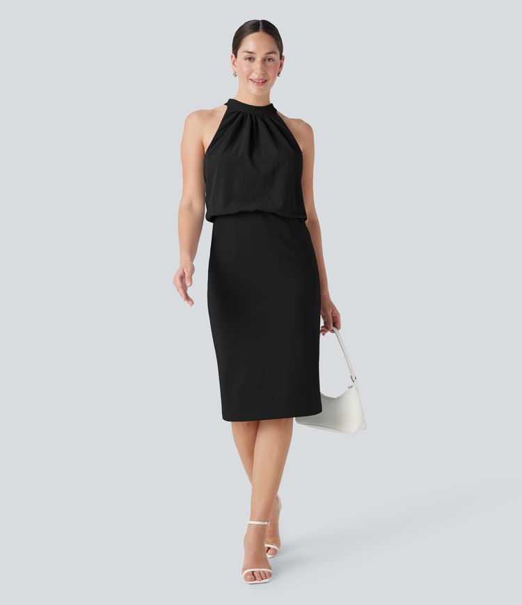 SoftlyZero™ Airy Halter Tie Back Cool Touch Midi Work Dress with Pockets-UPF50+