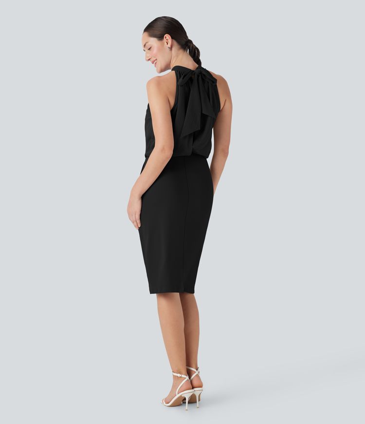 SoftlyZero™ Airy Halter Tie Back Cool Touch Midi Work Dress with Pockets-UPF50+
