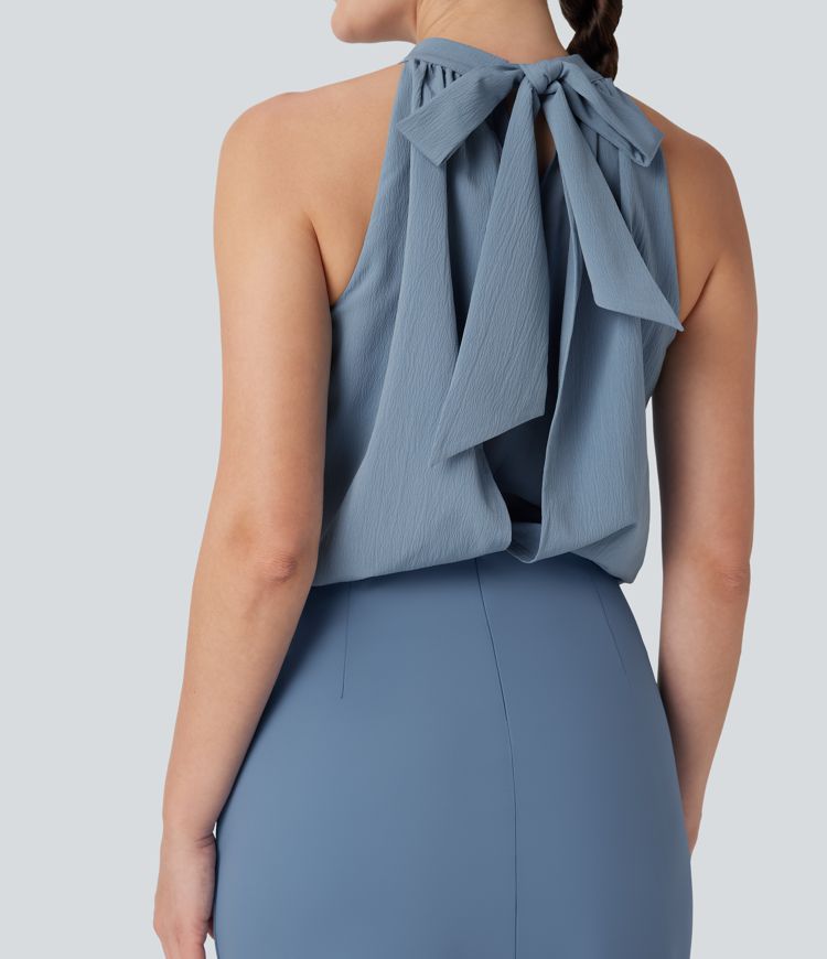 SoftlyZero™ Airy Halter Tie Back Cool Touch Midi Work Dress with Pockets-UPF50+