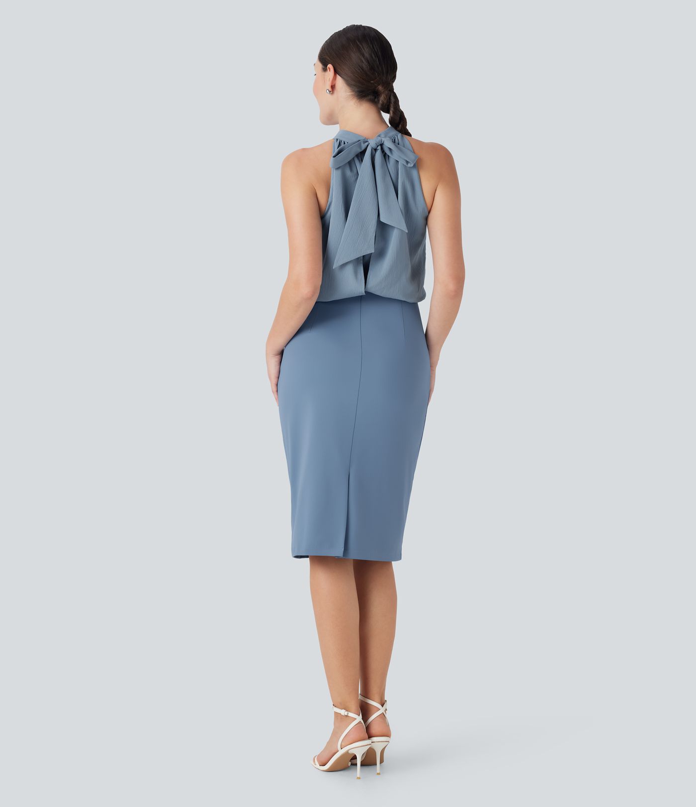 SoftlyZero™ Airy Halter Tie Back Cool Touch Midi Work Dress with Pockets-UPF50+