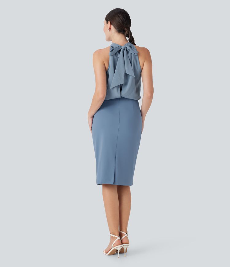SoftlyZero™ Airy Halter Tie Back Cool Touch Midi Work Dress with Pockets-UPF50+
