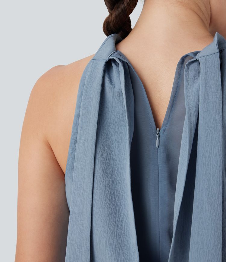 SoftlyZero™ Airy Halter Tie Back Cool Touch Midi Work Dress with Pockets-UPF50+