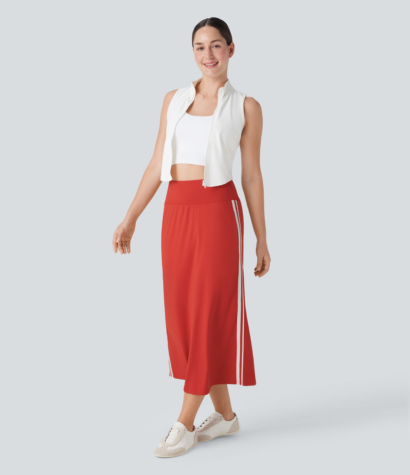 SoftlyZero™ QuickDry High Waisted Tummy Control 2-in-1 Color Block Midi Workout Skirt with Pockets