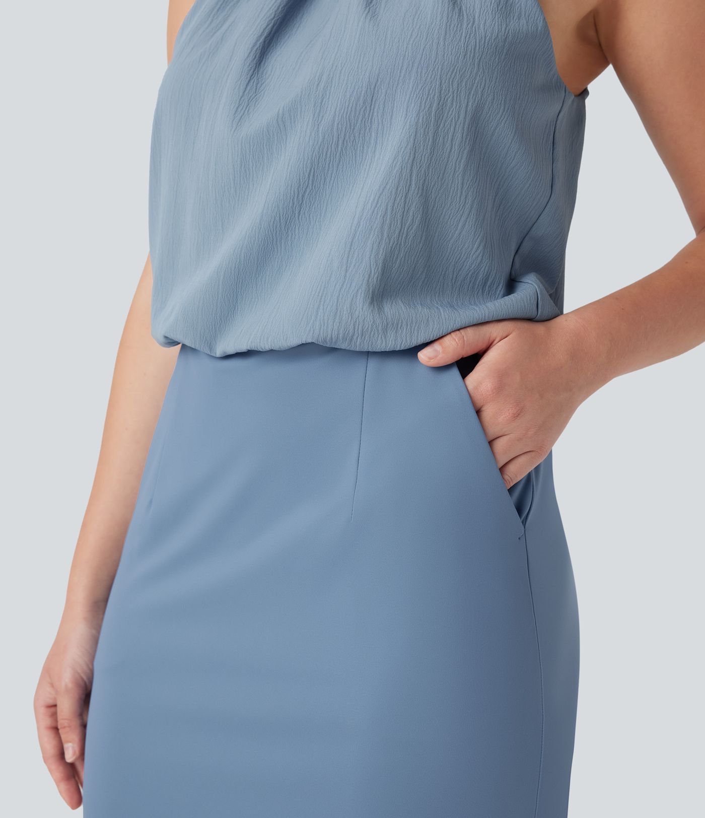 SoftlyZero™ Airy Halter Tie Back Cool Touch Midi Work Dress with Pockets-UPF50+