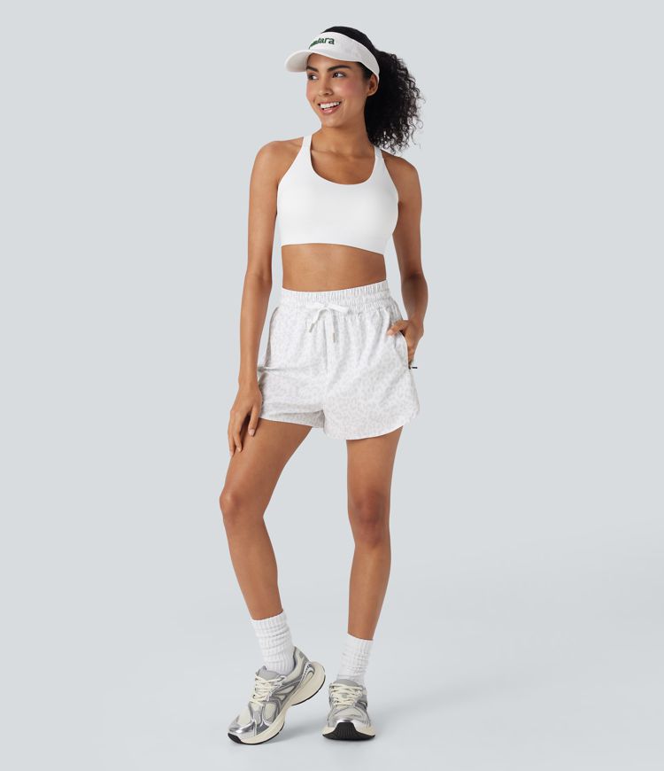 High Waisted Drawstring Curved Hem Leopard Print 2-in-1 Workout Shorts with Pockets