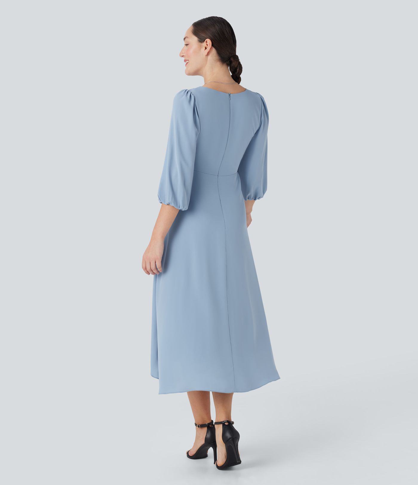 V Neck 3/4 Sleeve Pleated High Low Midi Casual Dress