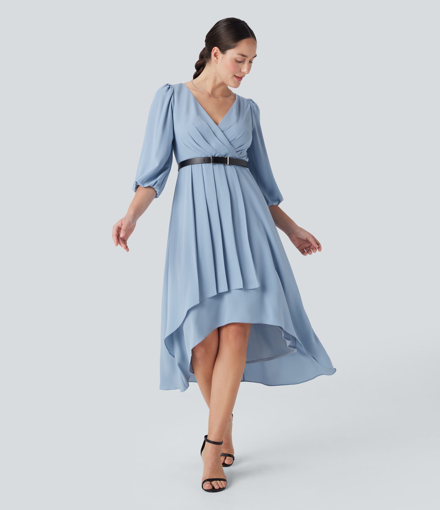 V Neck 3/4 Sleeve Pleated High Low Midi Casual Dress
