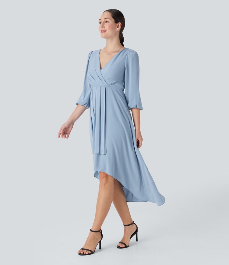 V Neck 3/4 Sleeve Pleated High Low Midi Casual Dress