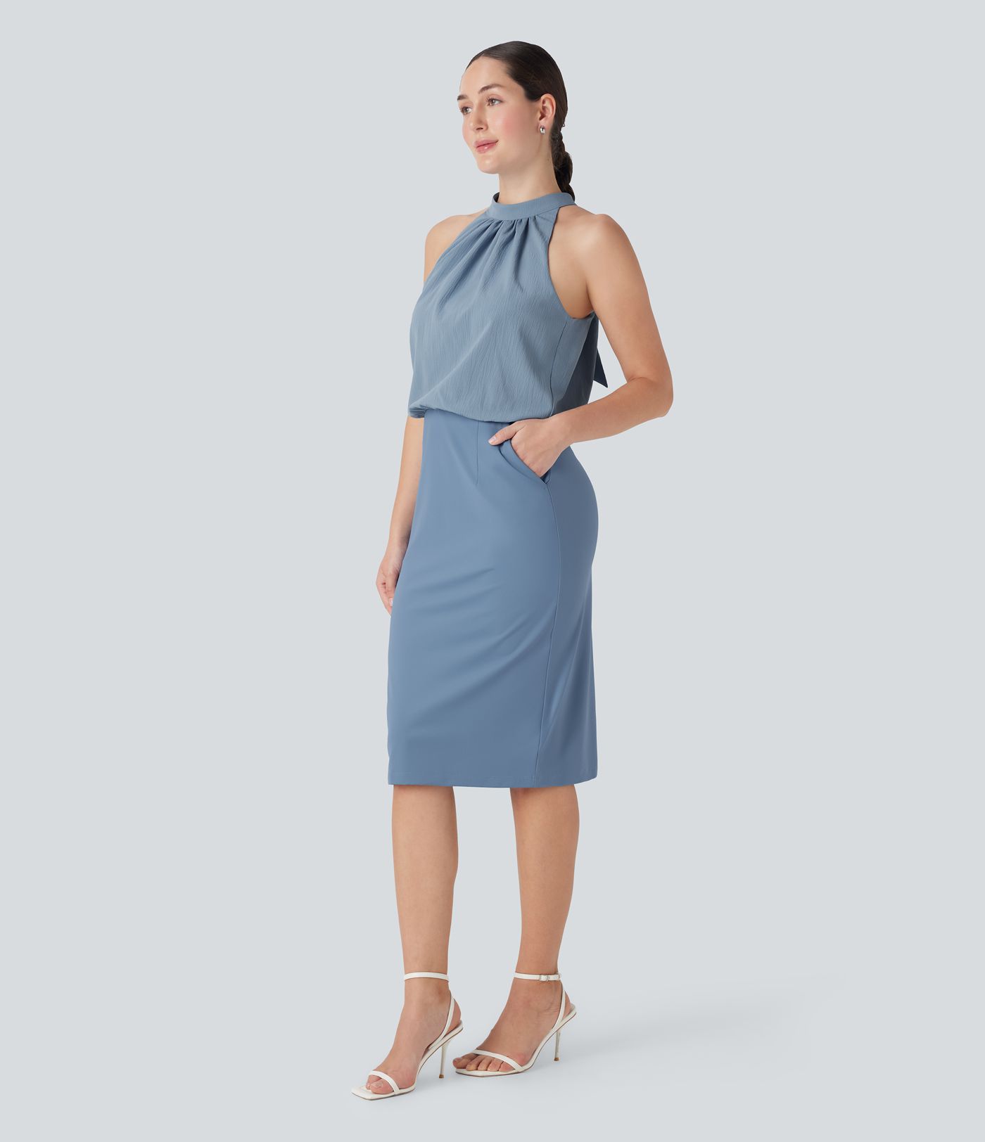 SoftlyZero™ Airy Halter Tie Back Cool Touch Midi Work Dress with Pockets-UPF50+