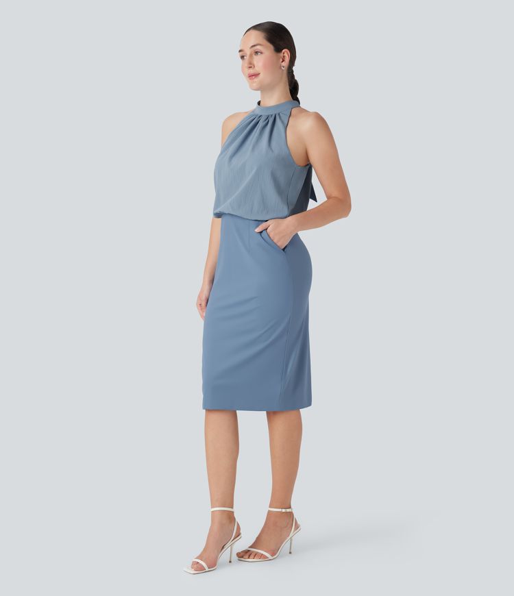 SoftlyZero™ Airy Halter Tie Back Cool Touch Midi Work Dress with Pockets-UPF50+