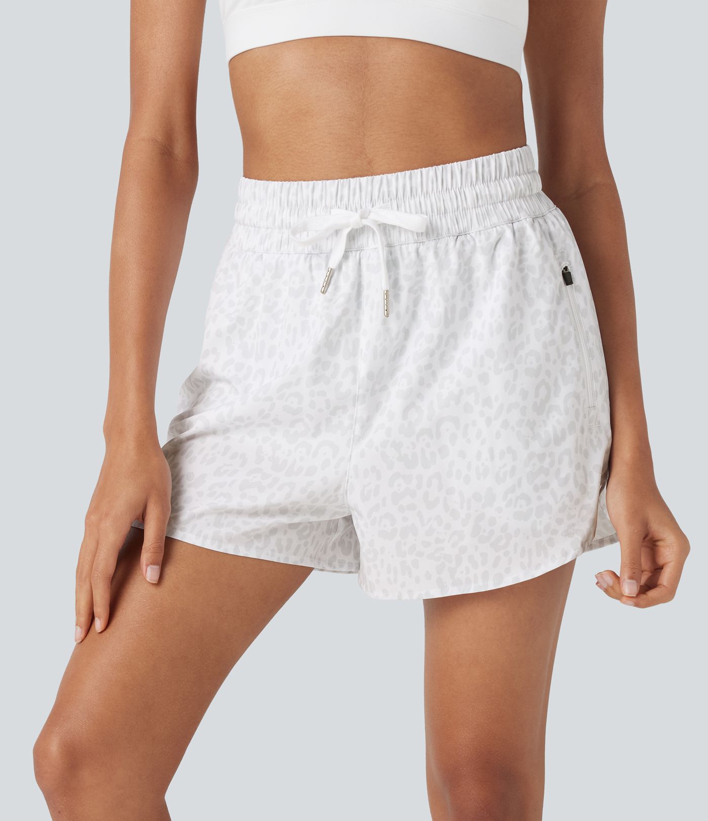 High Waisted Drawstring Curved Hem Leopard Print 2-in-1 Workout Shorts with Pockets