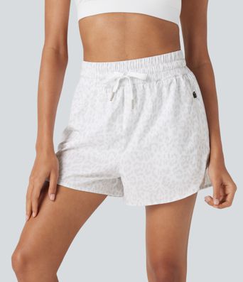 High Waisted Drawstring Curved Hem Leopard Print 2-in-1 Workout Shorts with Pockets