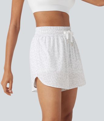 High Waisted Drawstring Curved Hem Leopard Print 2-in-1 Workout Shorts with Pockets