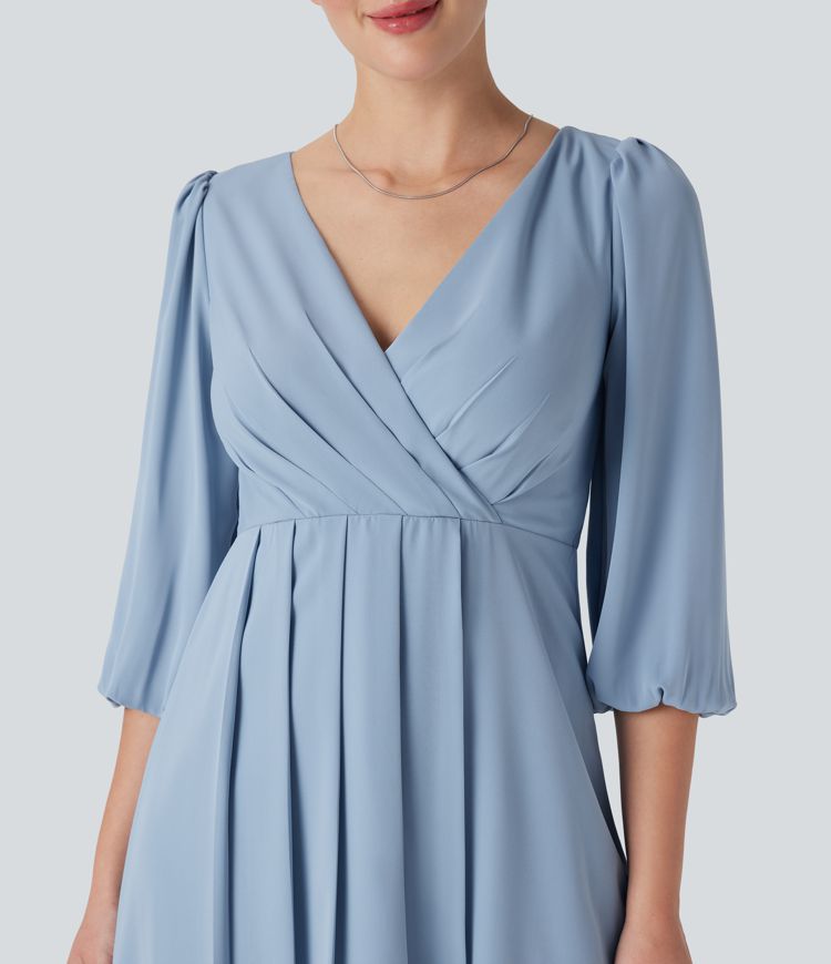 V Neck 3/4 Sleeve Pleated High Low Midi Casual Dress