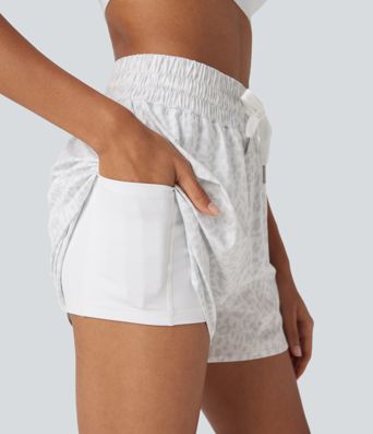 High Waisted Drawstring Curved Hem Leopard Print 2-in-1 Workout Shorts with Pockets