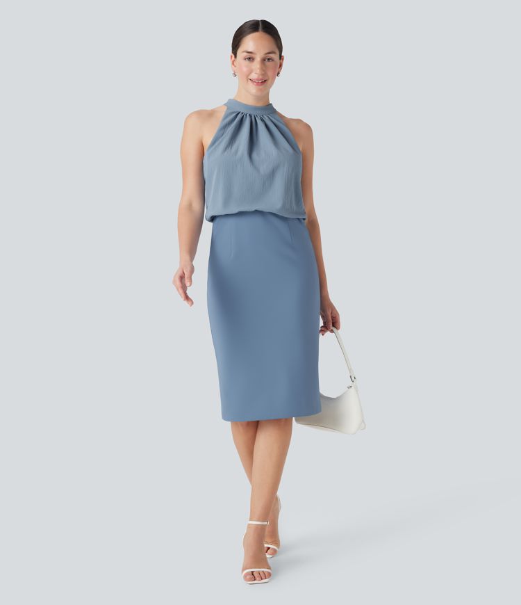 SoftlyZero™ Airy Halter Tie Back Cool Touch Midi Work Dress with Pockets-UPF50+