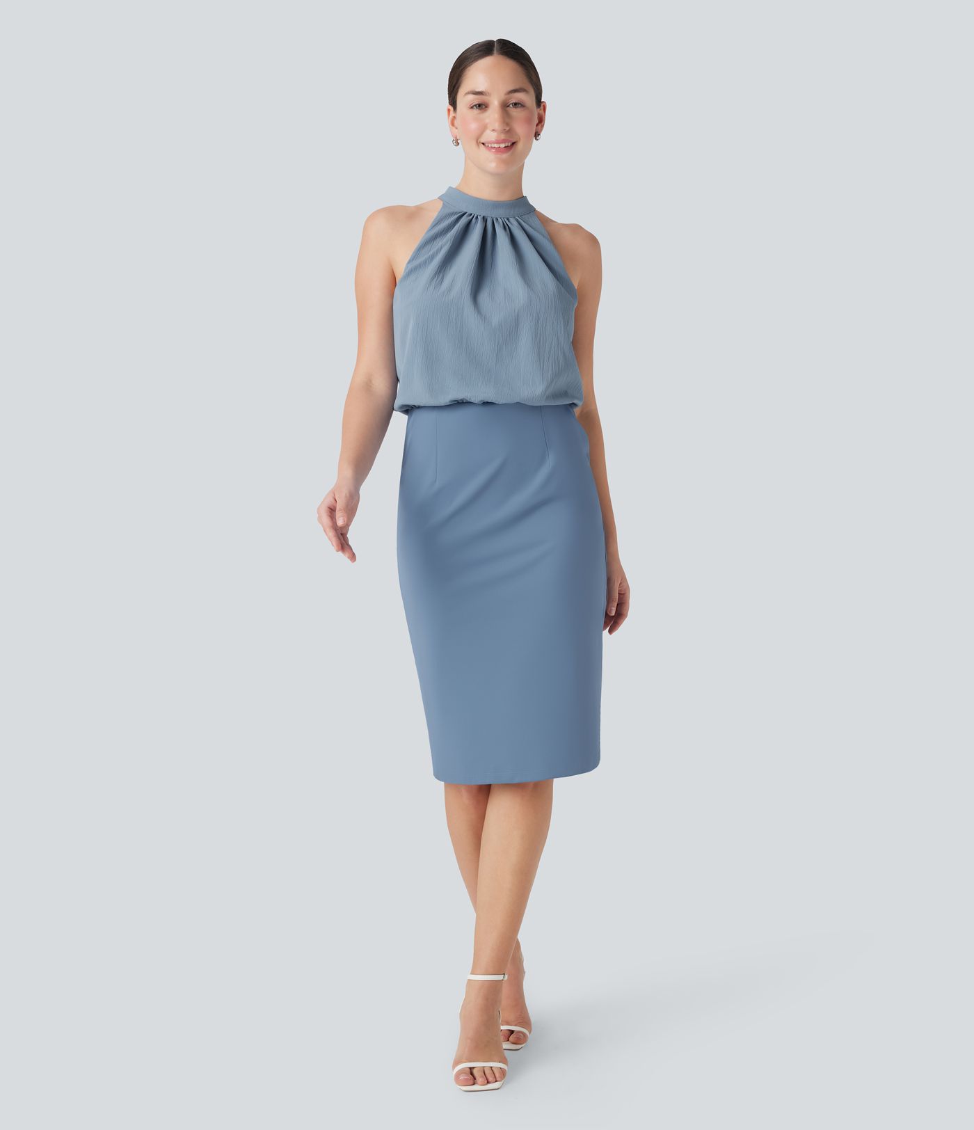 SoftlyZero™ Airy Halter Tie Back Cool Touch Midi Work Dress with Pockets-UPF50+