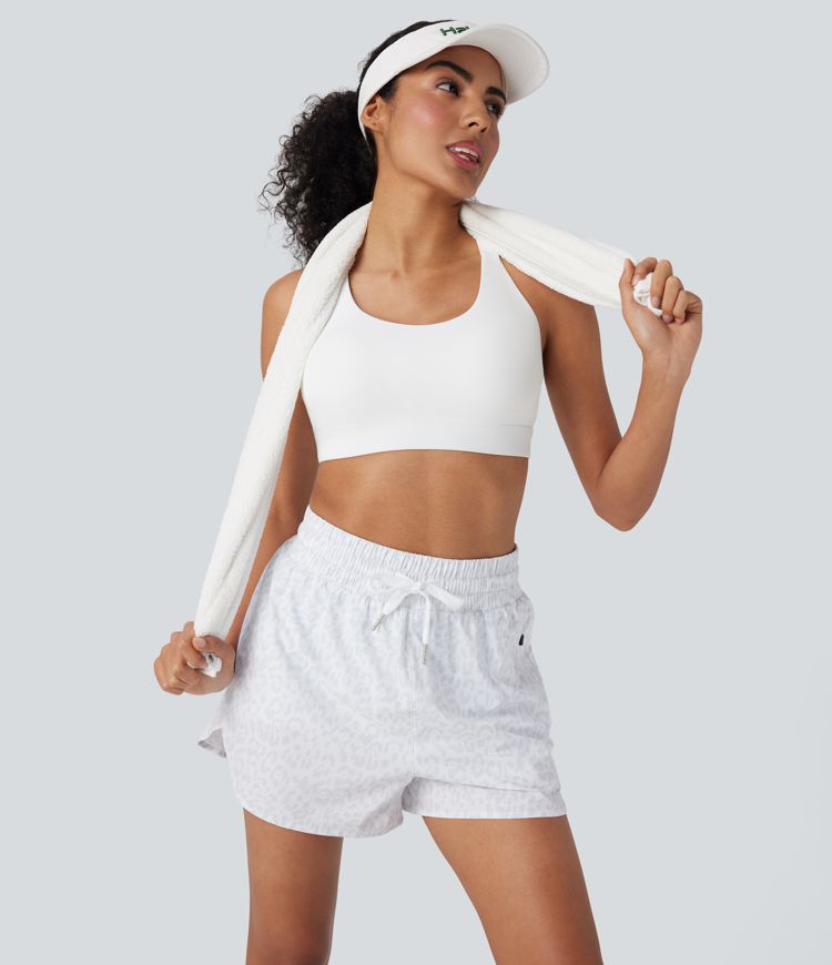 High Waisted Drawstring Curved Hem Leopard Print 2-in-1 Workout Shorts with Pockets