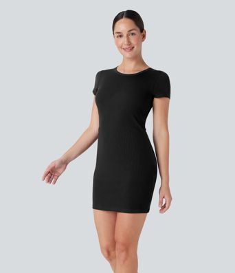 Vestido mini bodycon acanalado con top con sujetador integrado para yoga y deporte