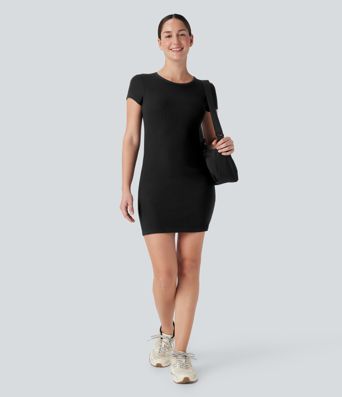 Vestido mini bodycon acanalado con top con sujetador integrado para yoga y deporte
