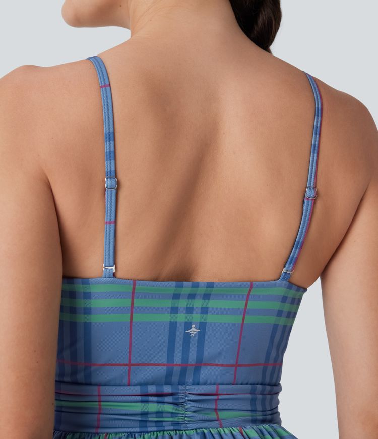 Top de yoga de tacto fresco a cuadros con dobladillo y volantes