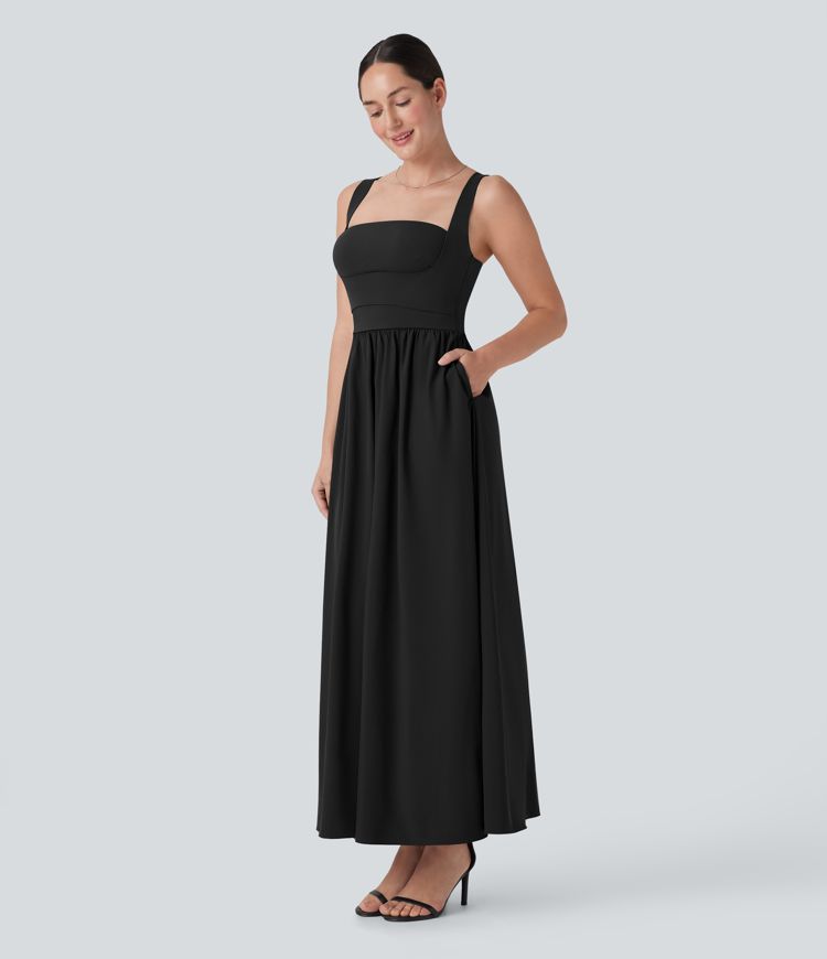 Breezeful™ Push Up Backless Flowy Quick Dry Maxi Casual Dress with Side Pockets-D/DD/DDD/F Cups