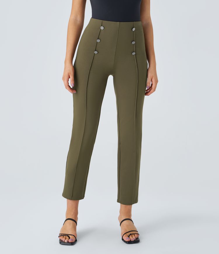 High Waisted Decorative Pocket Casual Pants