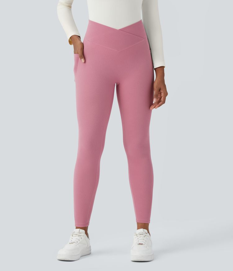 High Waisted Crossover Pocket Waffle 7/8 Casual Leggings