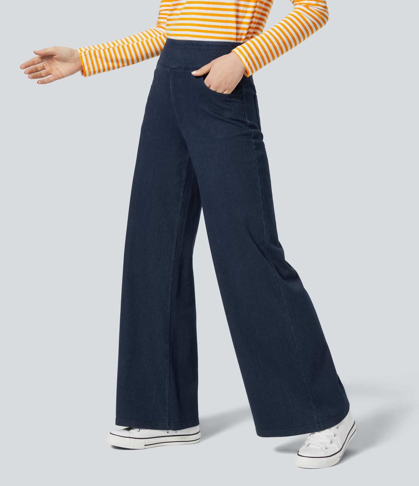 Vaqueros térmicos de talle alto Halara Flex™, con bolsillos, pierna ancha y corte relajado.