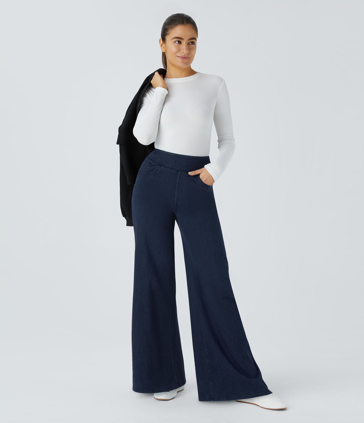 Vaqueros térmicos de talle alto Halara Flex™, con bolsillos, pierna ancha y corte relajado.