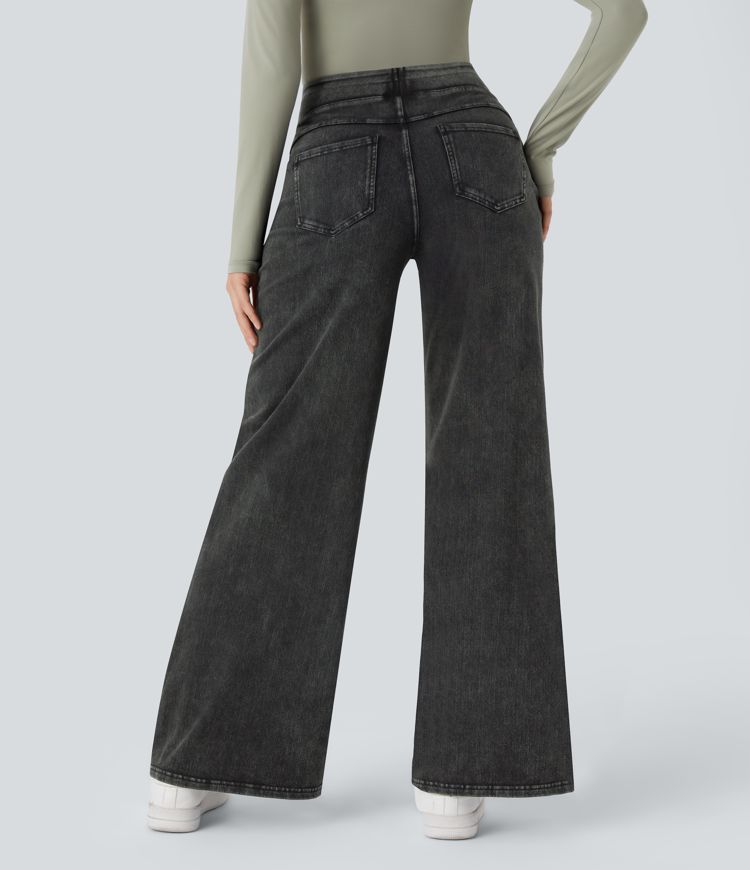 Gloomy Black Denim Halara Flex™ Denim Heat High Waisted Pockets Wide Leg Casual Jeans / 2