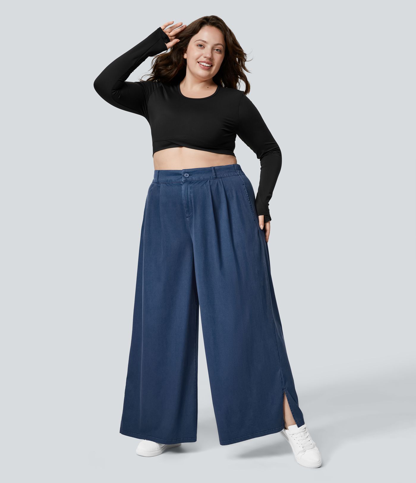 Plus-Size Weite Hose mit hohem Bund, Knopf, Reißverschluss, Seitentaschen und Schlitz am Saum