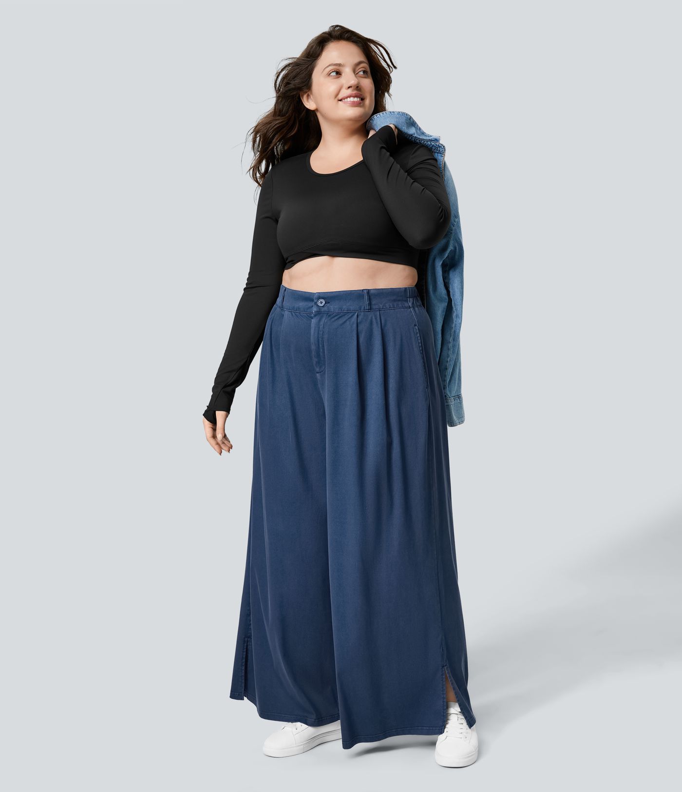 Plus-Size Weite Hose mit hohem Bund, Knopf, Reißverschluss, Seitentaschen und Schlitz am Saum