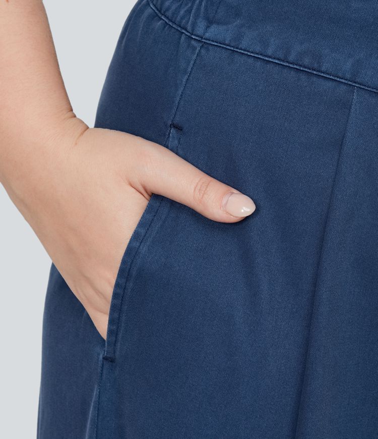 High Waisted Zipper Pocket Hem Wide Leg Casual Plus Size Pants