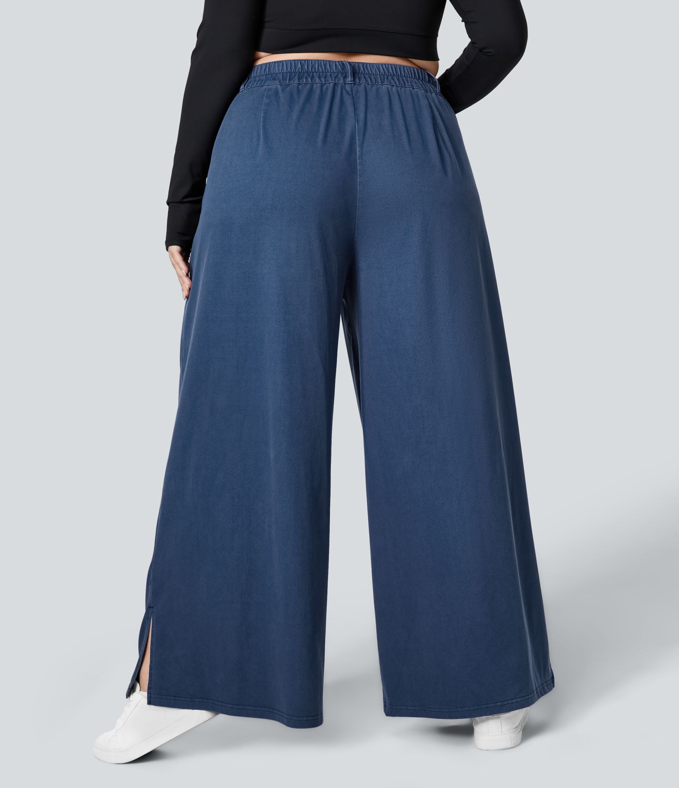 Plus-Size Weite Hose mit hohem Bund, Knopf, Reißverschluss, Seitentaschen und Schlitz am Saum